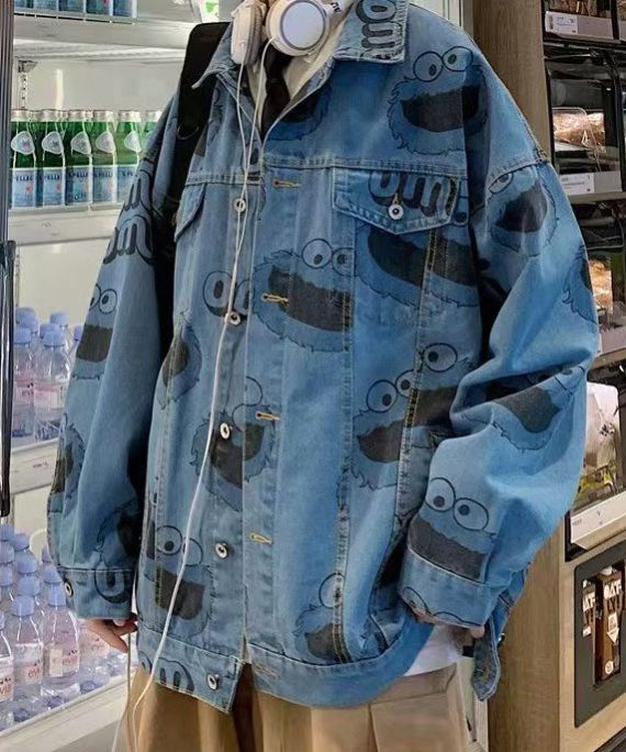 Stylish Blue Print Button Denim Mens Coats Spring