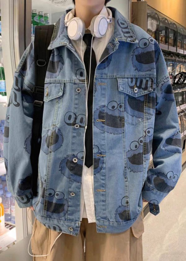 Stylish Blue Print Button Denim Mens Coats Spring - Image 3