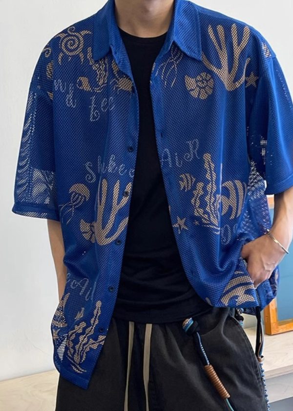 Stylish Blue Print Hollow Out Tulle Men Shirts Half Sleeve - Image 2