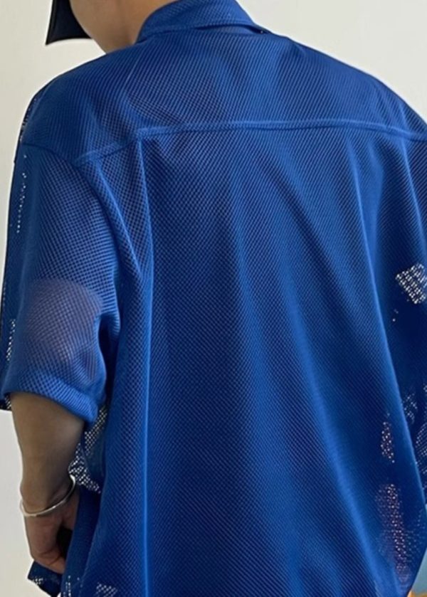 Stylish Blue Print Hollow Out Tulle Men Shirts Half Sleeve - Image 5