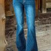 Stylish Blue Striped High Waist Denim Flare Bottoms Spring
