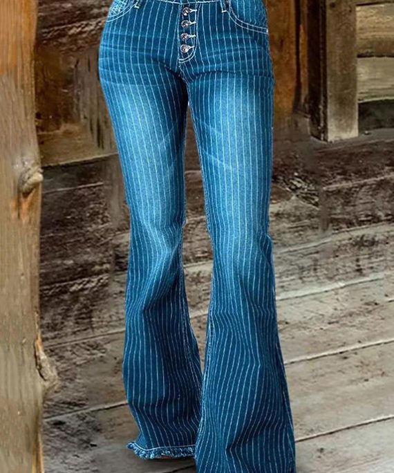 Stylish Blue Striped High Waist Denim Flare Bottoms Spring