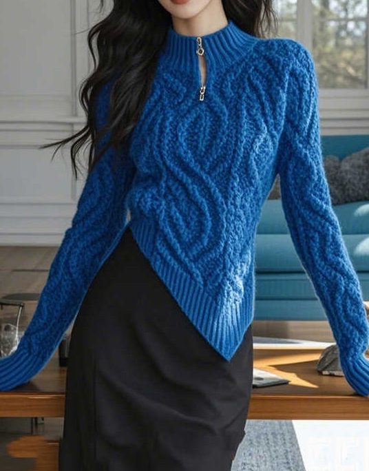Stylish Blue Zip Up Asymmetrical Design Knit Sweaters Spring