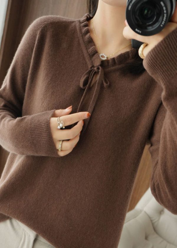 Stylish Camel Ruffled Warm Knitted Tops Spring - Image 4