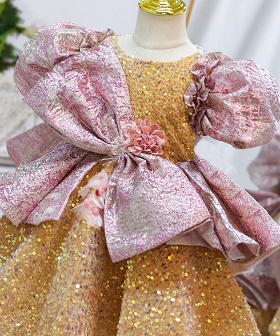 Stylish Gold O-Neck Asymmetrical Tulle Kids Maxi Dress Puff Sleeve