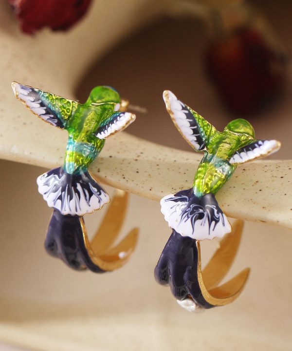 Stylish Green Bird Metal Women's Hoop Earrings - Image 3