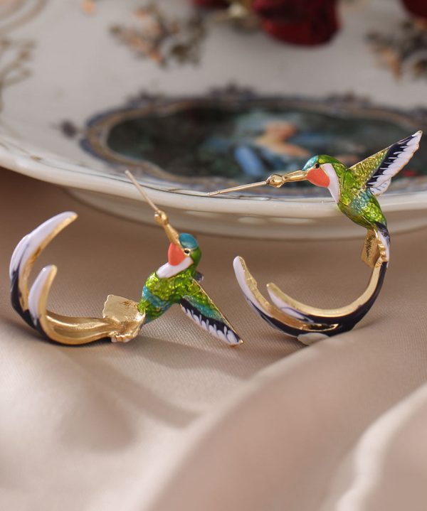 Stylish Green Bird Metal Women's Hoop Earrings - Image 5