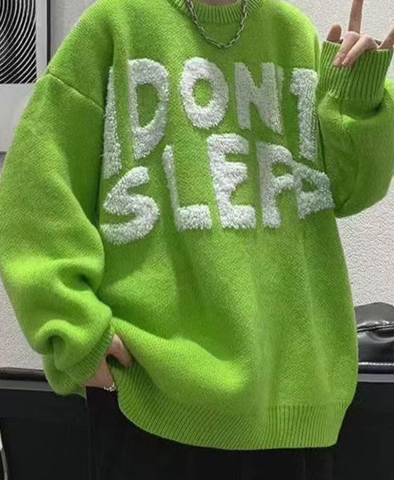 Stylish Green O Neck Letter Cozy Knit Men Sweaters Winter