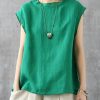 Stylish Green O-Neck Sleeveless Linen Summer Tops