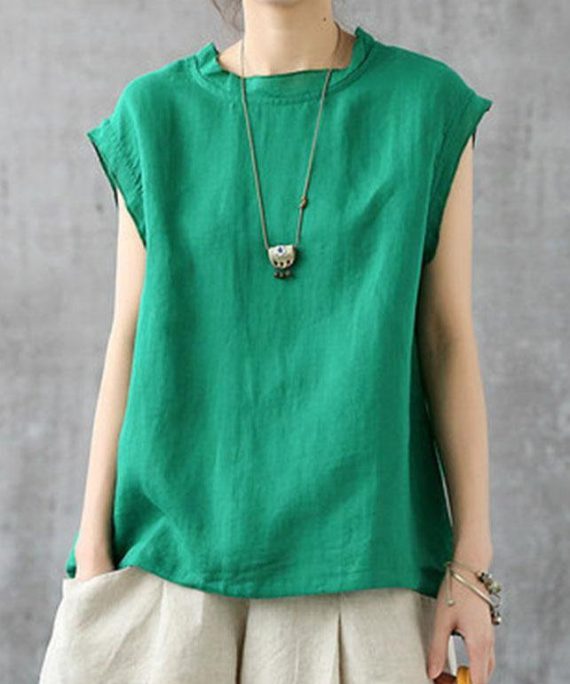 Stylish Green O-Neck Sleeveless Linen Summer Tops