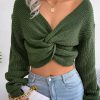Stylish Green V Neck Wrinkled Knit Short Sweater Tops Spring