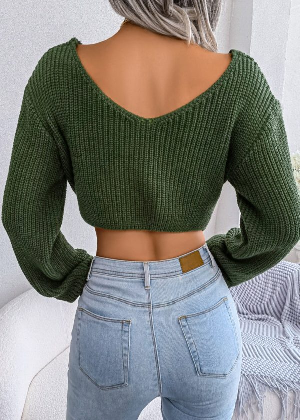 Stylish Green V Neck Wrinkled Knit Short Sweater Tops Spring - Image 5