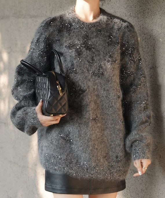 Stylish Grey O Neck Sequins Knit Pullover Spring