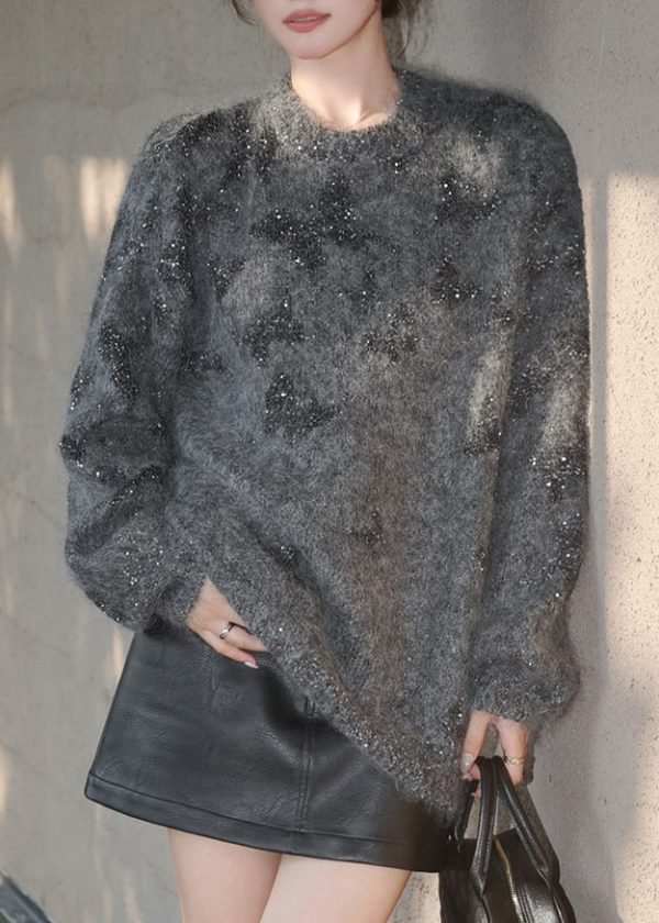 Stylish Grey O Neck Sequins Knit Pullover Spring - Image 2