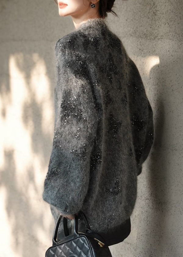 Stylish Grey O Neck Sequins Knit Pullover Spring - Image 5