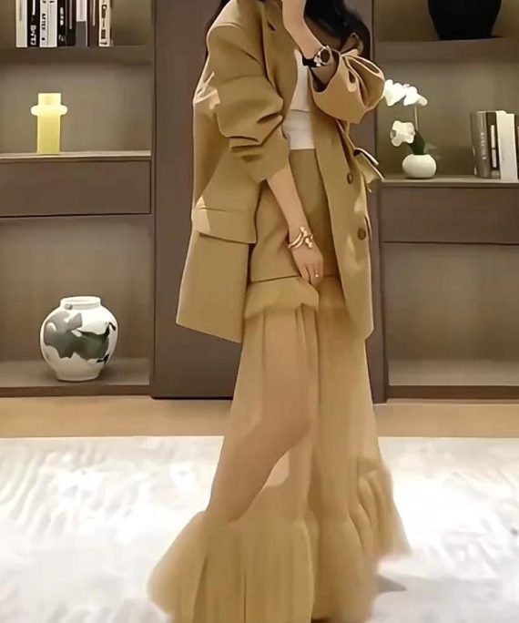Stylish Khaki Suit Coat And Skirts Two Pieces Set Spring