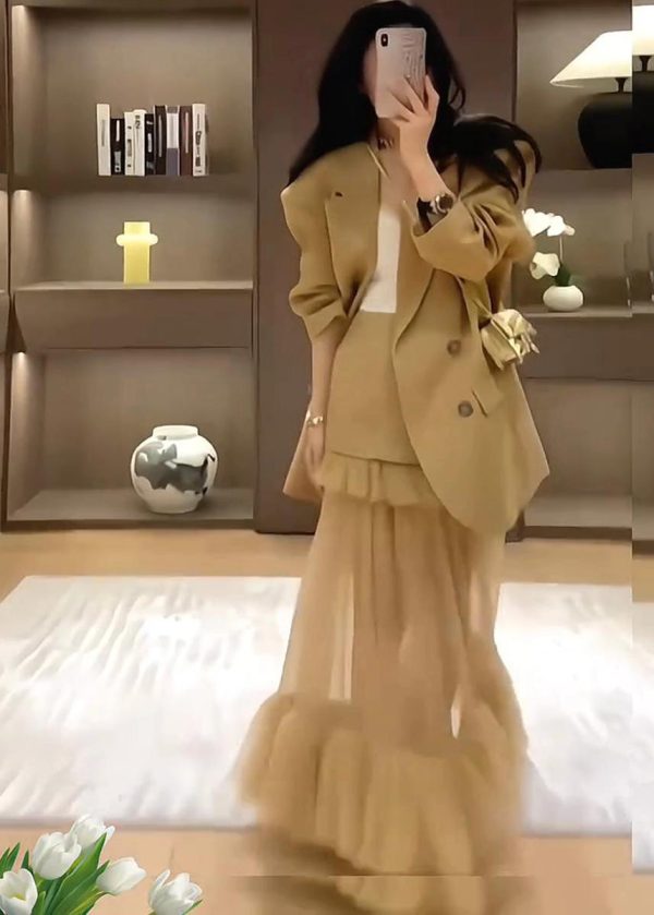 Stylish Khaki Suit Coat And Skirts Two Pieces Set Spring - Image 2