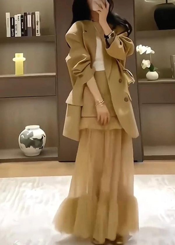 Stylish Khaki Suit Coat And Skirts Two Pieces Set Spring - Image 3