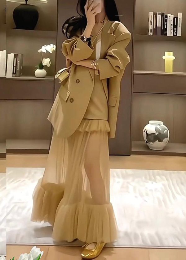 Stylish Khaki Suit Coat And Skirts Two Pieces Set Spring - Image 4