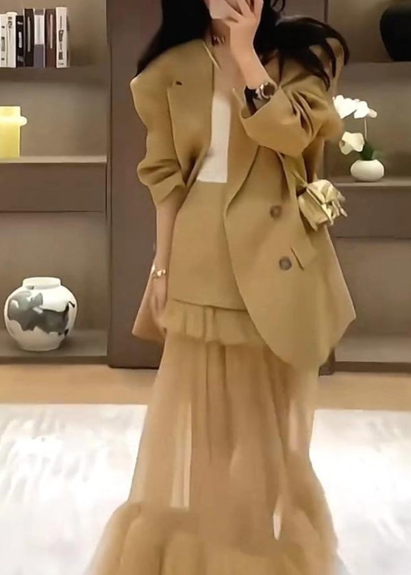 Stylish Khaki Suit Coat And Skirts Two Pieces Set Spring - Image 5