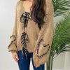 Stylish Khaki V Neck Lace Up Plus Size Knit Cardigans Spring