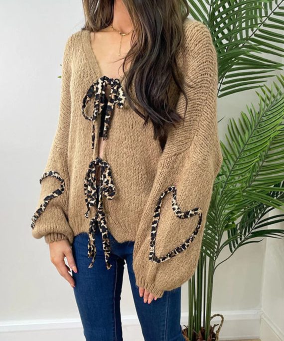 Stylish Khaki V Neck Lace Up Plus Size Knit Cardigans Spring