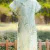 Stylish Light Green Print Side Open Kids Long Dresses Summer