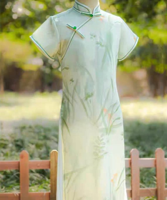 Stylish Light Green Print Side Open Kids Long Dresses Summer