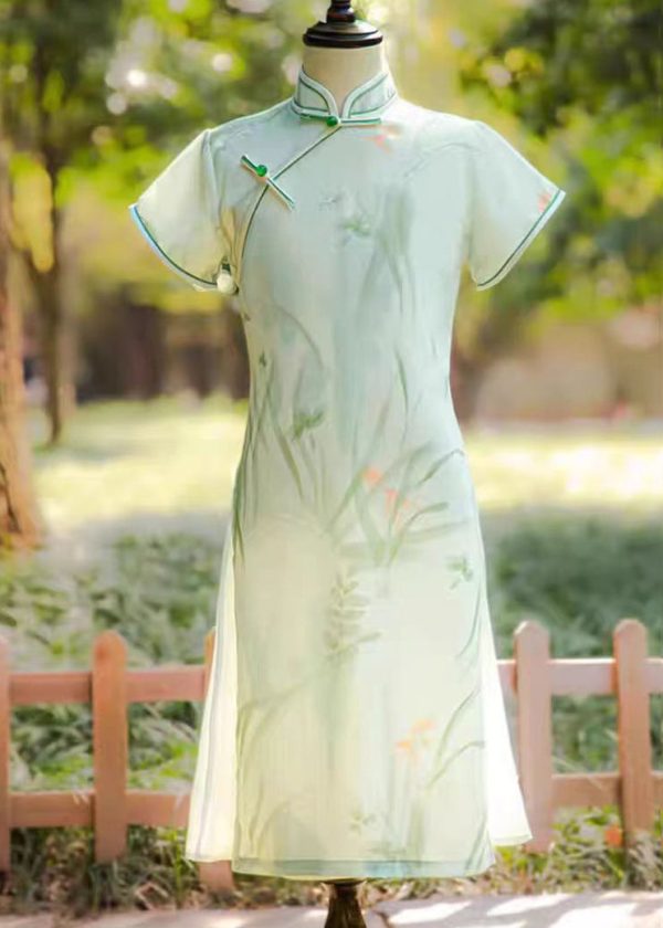 Stylish Light Green Print Side Open Kids Long Dresses Summer - Image 3