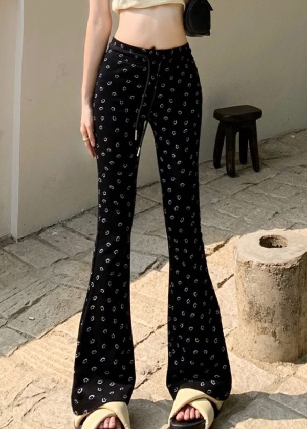 Stylish Navy Print Elastic Waist Cotton Flare Bottoms Spring - Image 2