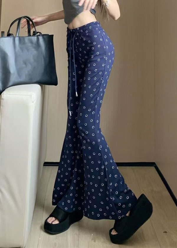 Stylish Navy Print Elastic Waist Cotton Flare Bottoms Spring - Image 4