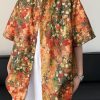 Stylish Orange Print Pockets Ice Silk Shirts Mens Half Sleeve
