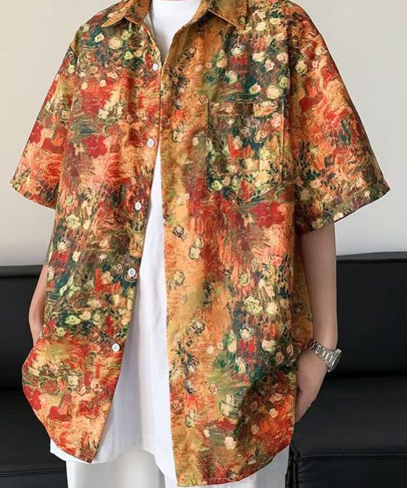 Stylish Orange Print Pockets Ice Silk Shirts Mens Half Sleeve