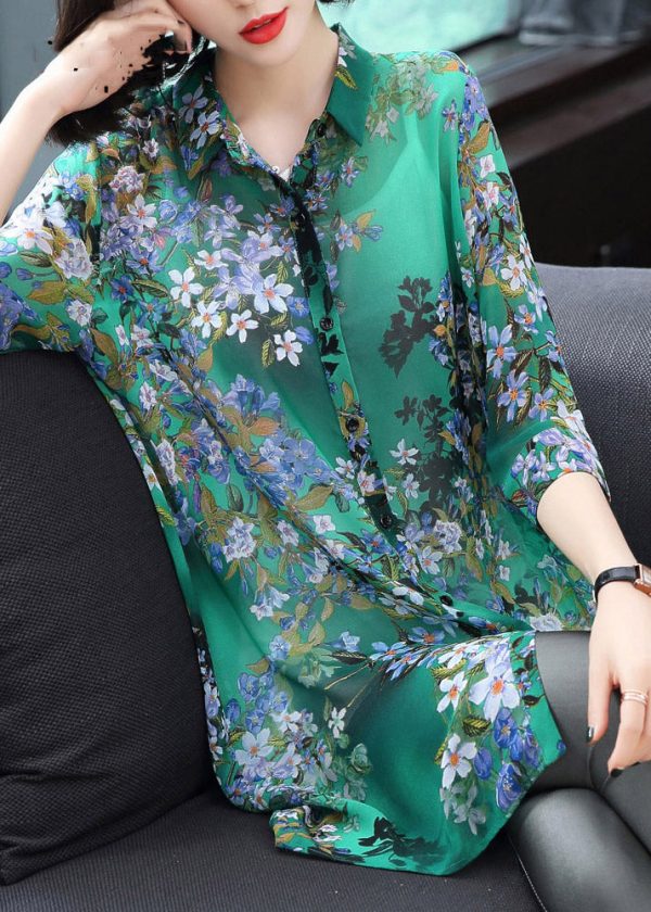 Stylish Peter Pan Collar Button Print Chiffon Shirt Tops Summer - Image 2