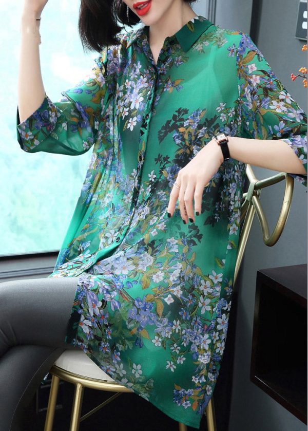 Stylish Peter Pan Collar Button Print Chiffon Shirt Tops Summer - Image 4