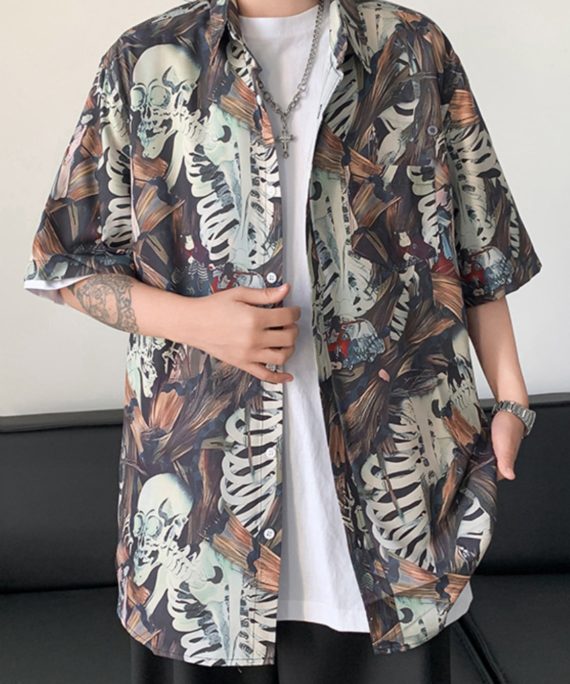 Stylish Peter Pan Collar Print Pockets Cotton Shirts Mens Half Sleeve