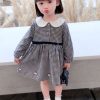 Stylish Plaid Button High Waist Cotton Girls Dress Long Sleeve