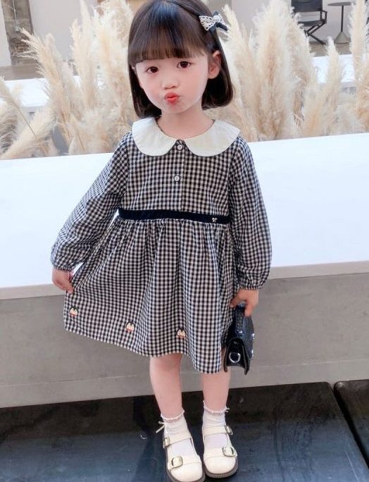 Stylish Plaid Button High Waist Cotton Girls Dress Long Sleeve