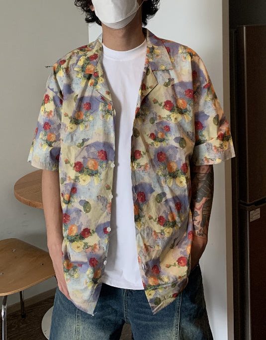 Stylish Print Button Cotton Mens Shirts Summer