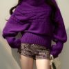 Stylish Purple Hign Neck Thick Knit Sweater Tops Spring