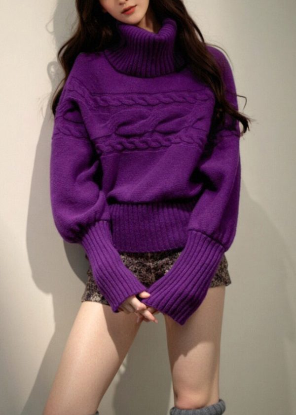 Stylish Purple Hign Neck Thick Knit Sweater Tops Spring - Image 4