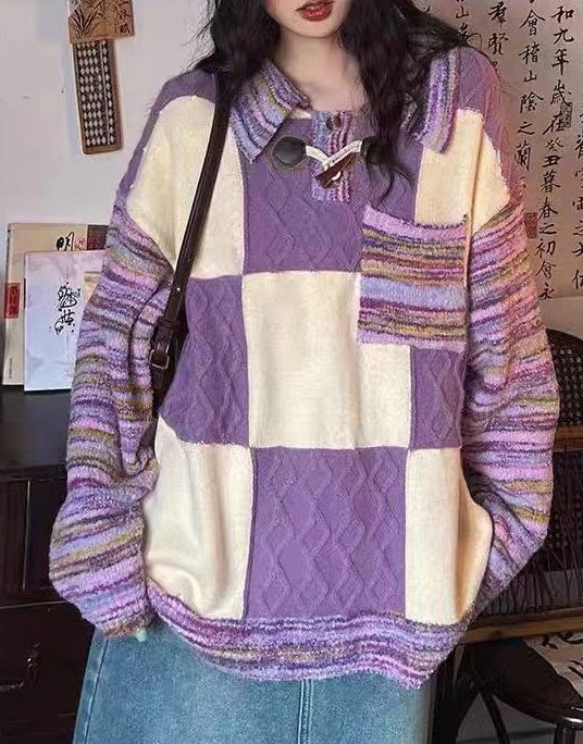 Stylish Purple Peter Pan Collar Plaid Knit Sweaters Spring