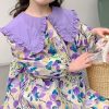 Stylish Purple Peter Pan Collar Print Girls Long Dresses Long Sleeve