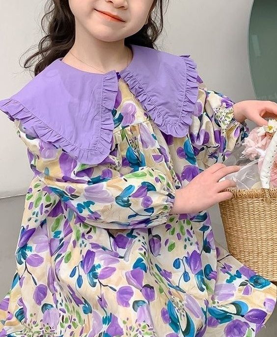 Stylish Purple Peter Pan Collar Print Girls Long Dresses Long Sleeve
