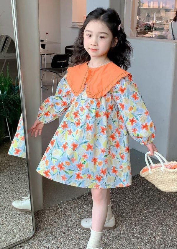 Stylish Purple Peter Pan Collar Print Girls Long Dresses Long Sleeve - Image 2