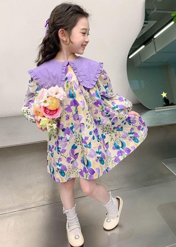 Stylish Purple Peter Pan Collar Print Girls Long Dresses Long Sleeve - Image 3