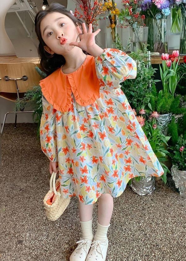 Stylish Purple Peter Pan Collar Print Girls Long Dresses Long Sleeve - Image 4