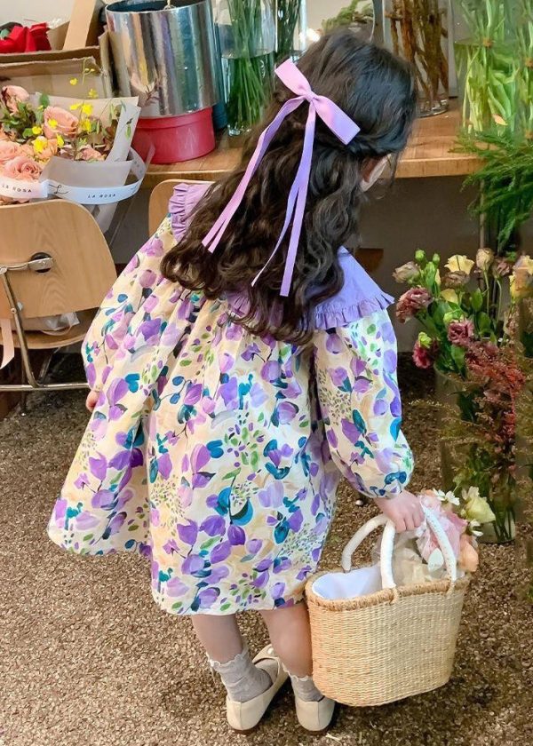 Stylish Purple Peter Pan Collar Print Girls Long Dresses Long Sleeve - Image 5