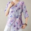 Stylish Purple V Neck Print Lace Up Cotton Shirt Half Sleeve
