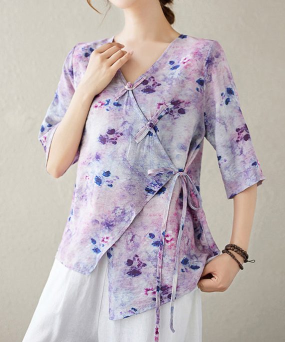 Stylish Purple V Neck Print Lace Up Cotton Shirt Half Sleeve
